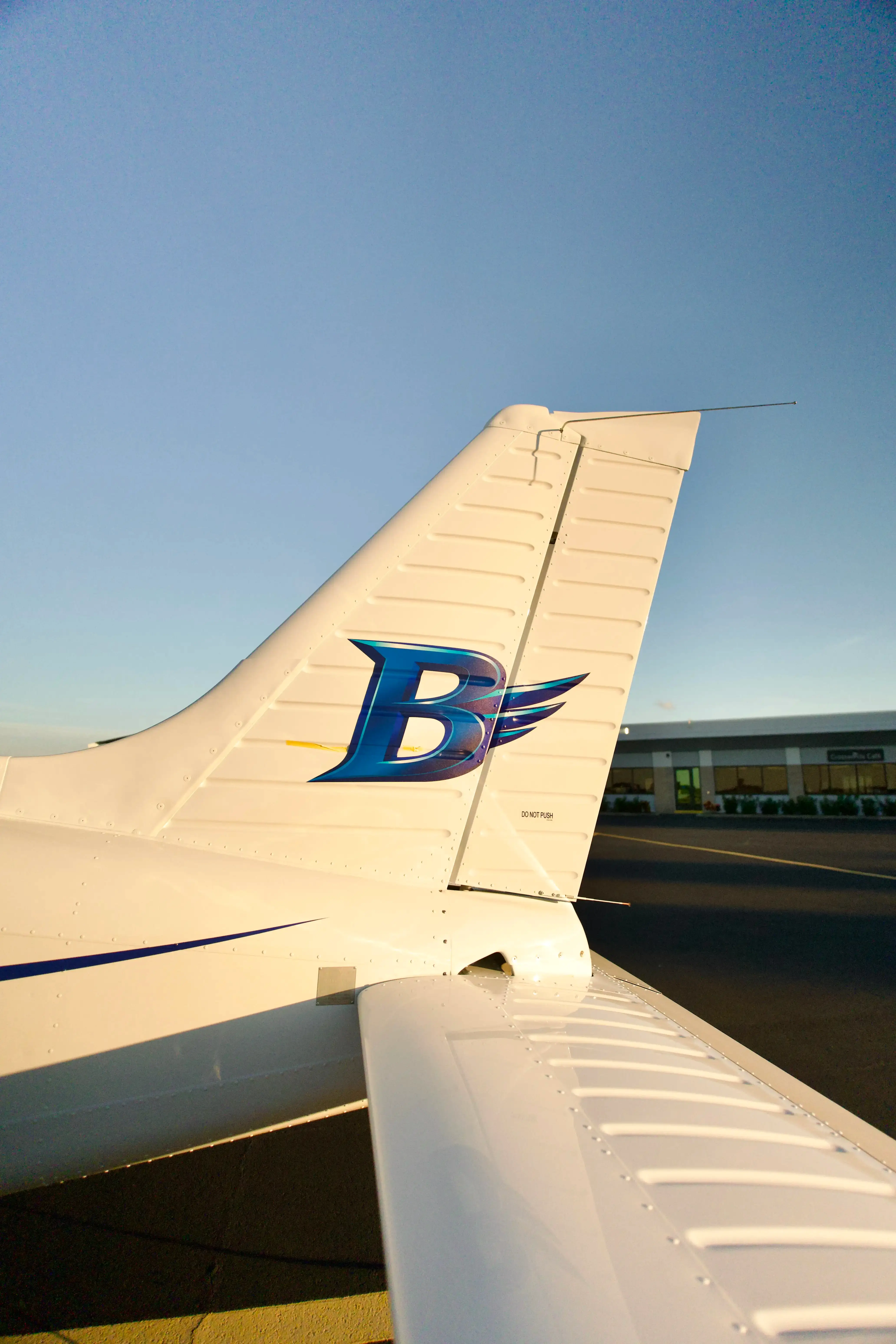 Blitz Aviation logo on the tail of a Piper Pilot 100i at golden hour