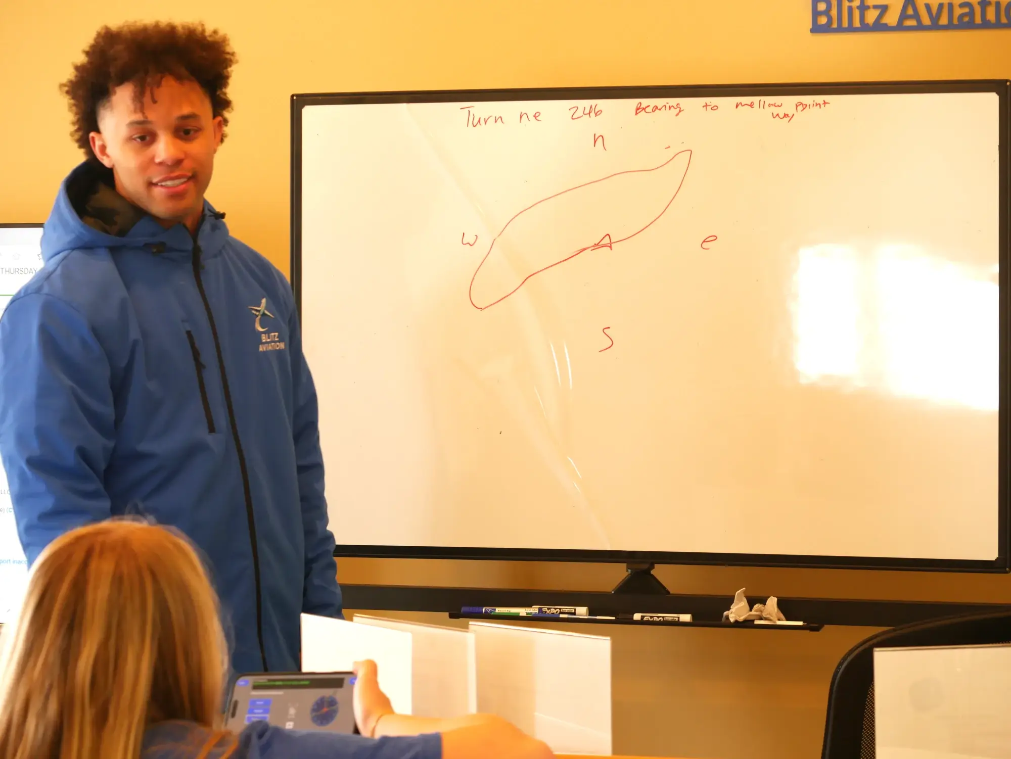 Teacher making an explanation during class in front of a white board with writing on it