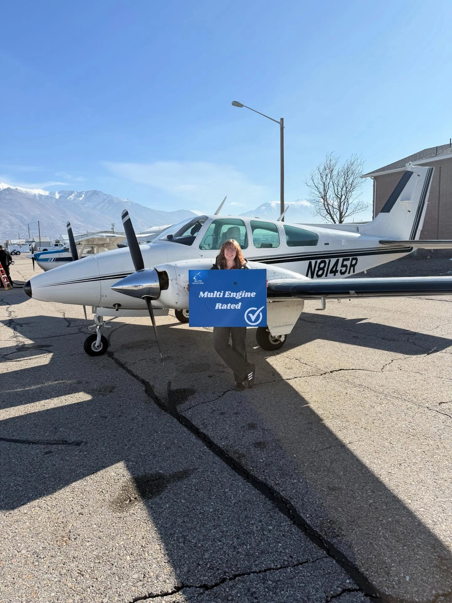 Front view of a Beechcraft 55 Baron multi engine aircraft